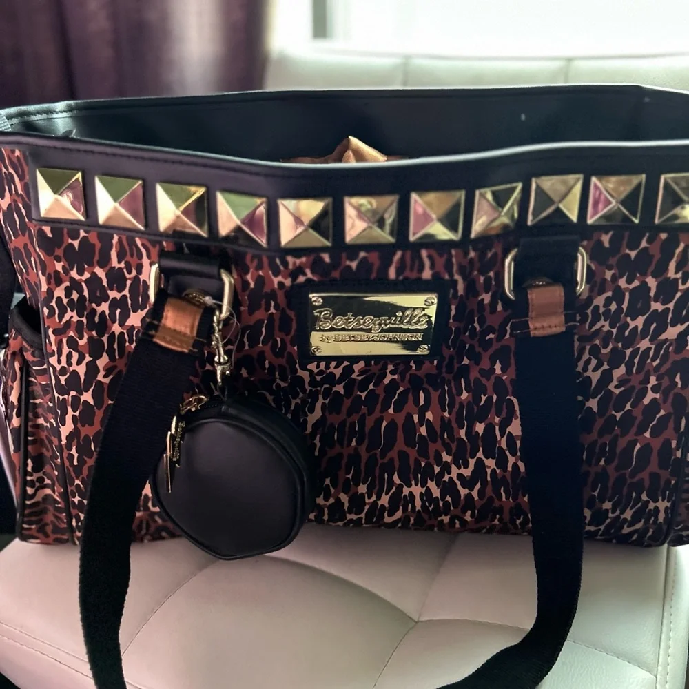 Betsey Johnson rocker chick leopard gold vintage baby diaper bag nwt rockabilly